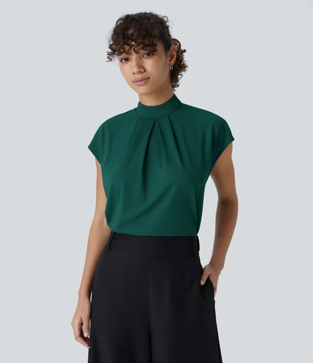Halara Stand Collar Button Back Cap Sleeve Work Blouse Size M Green